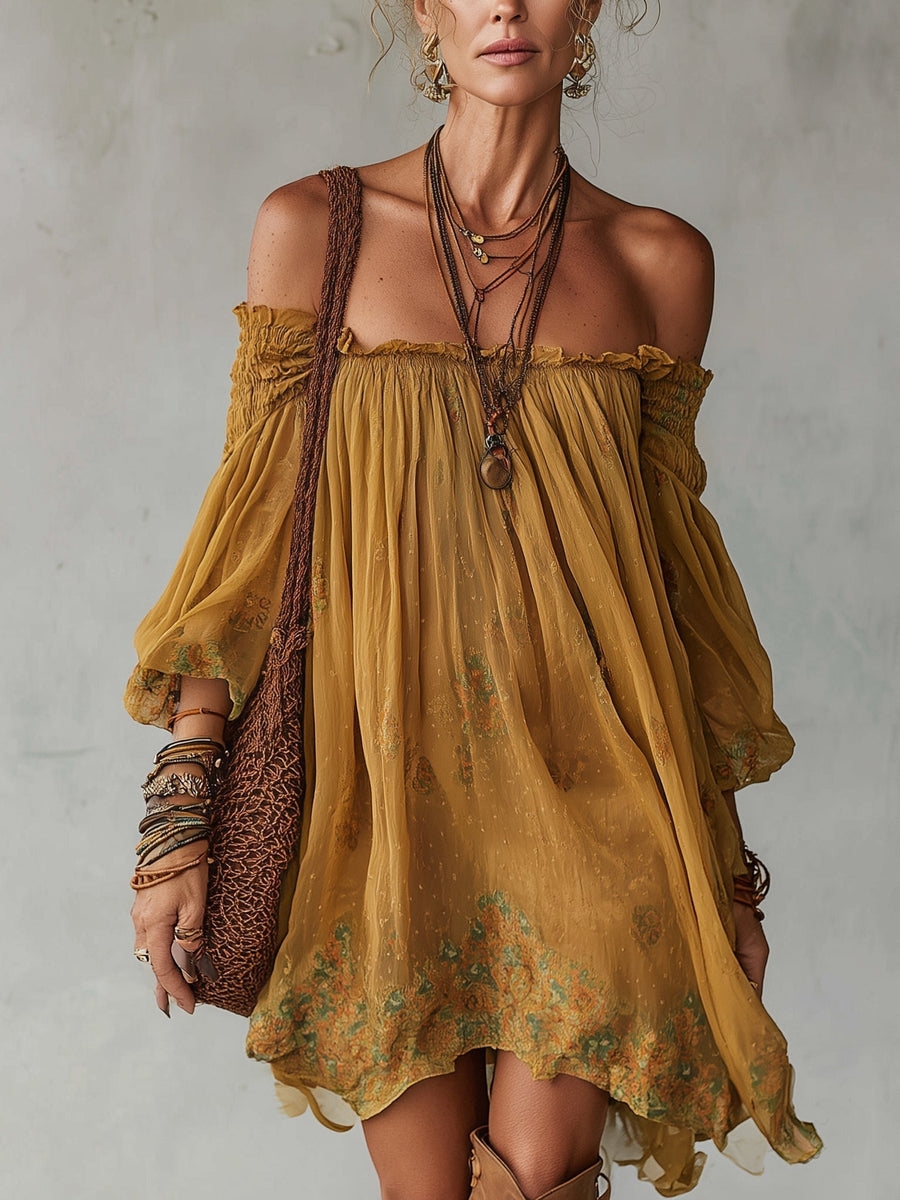 Carol Ann | Yellow Floral Chiffon Mini Dress Off Shoulder
