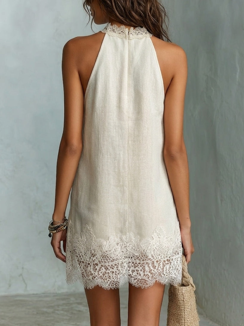 Frances | Mini Halter Neck Off-white Chic Dress