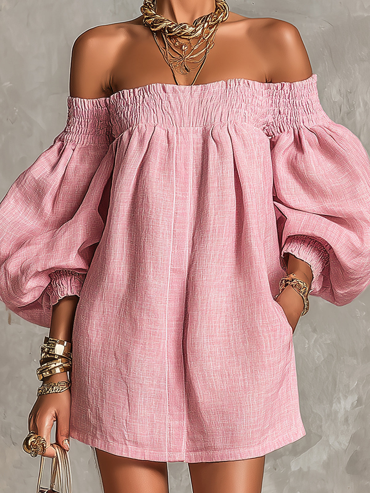 Marilyn | Mini A-Line Loose Dress with Lantern Sleeves and Off-Shoulder in Pink