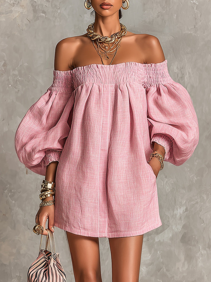 Marilyn | Mini A-Line Loose Dress with Lantern Sleeves and Off-Shoulder in Pink