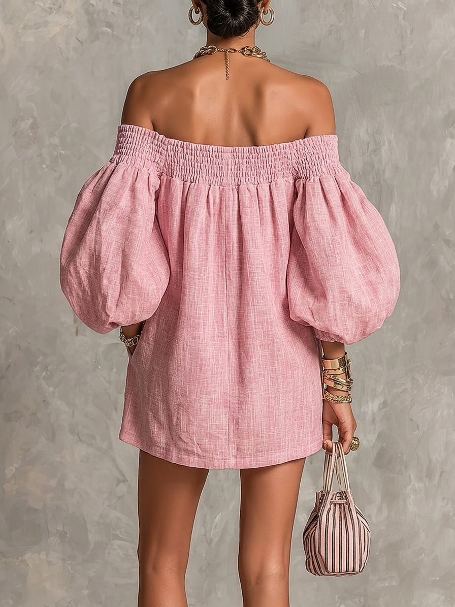 Marilyn | Mini A-Line Loose Dress with Lantern Sleeves and Off-Shoulder in Pink