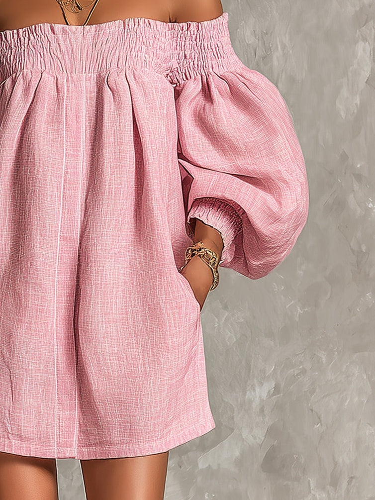 Marilyn | Mini A-Line Loose Dress with Lantern Sleeves and Off-Shoulder in Pink