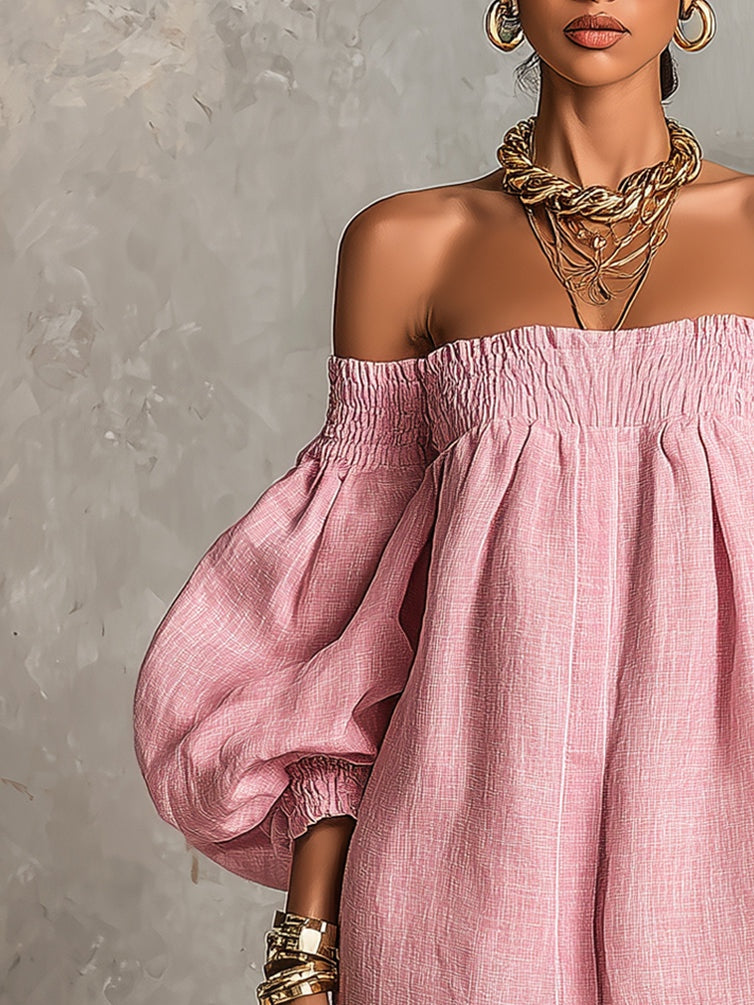 Marilyn | Mini A-Line Loose Dress with Lantern Sleeves and Off-Shoulder in Pink