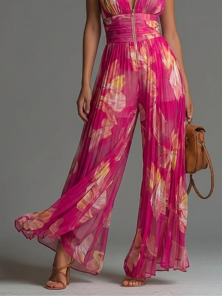 Zsófia Jumpsuit | Fuchsia Floral Pleated Chiffon  • S1