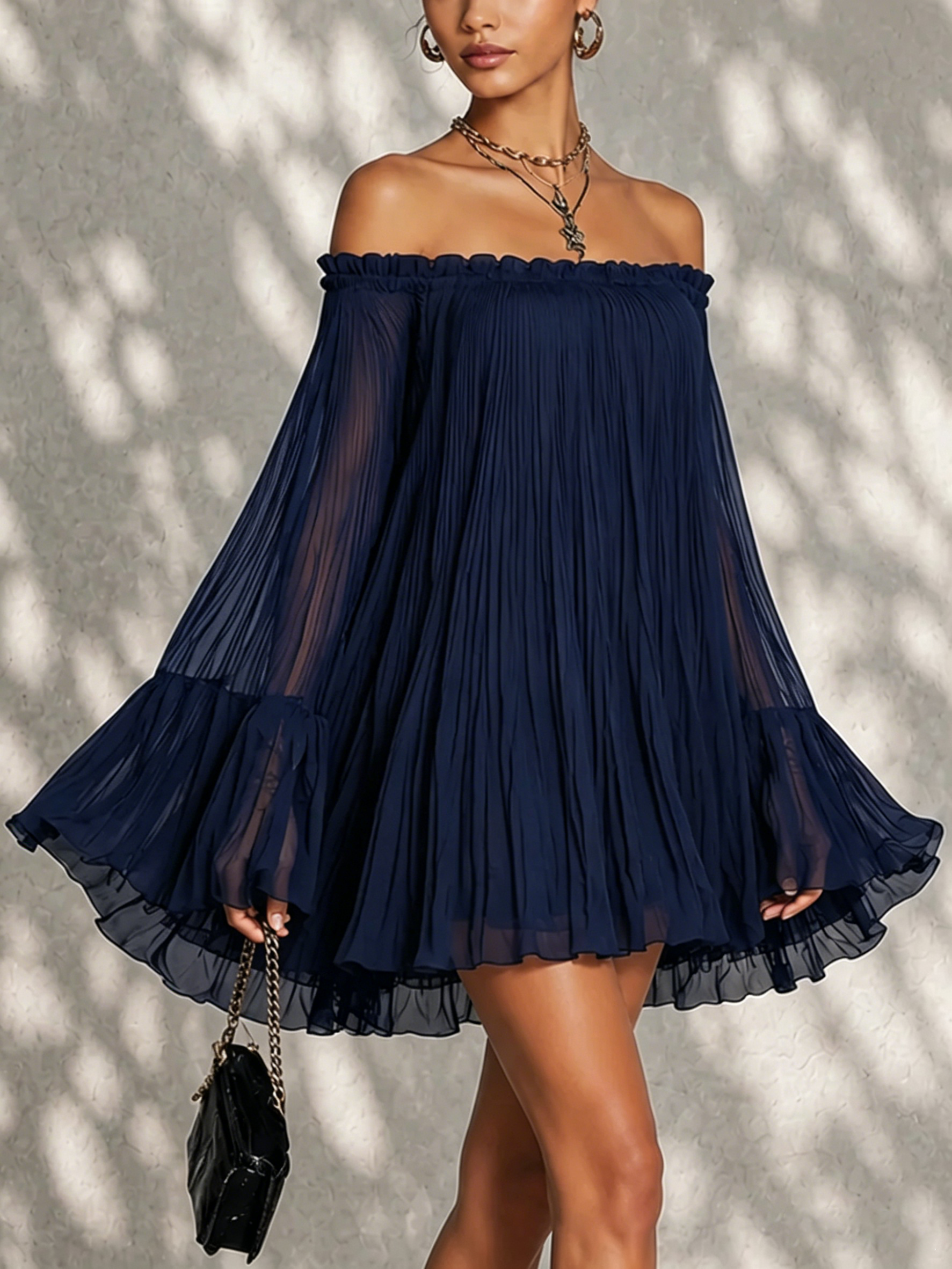 Irene | Bell Sleeve Mini Dress with Ruffles and Off-the-Shoulder Design