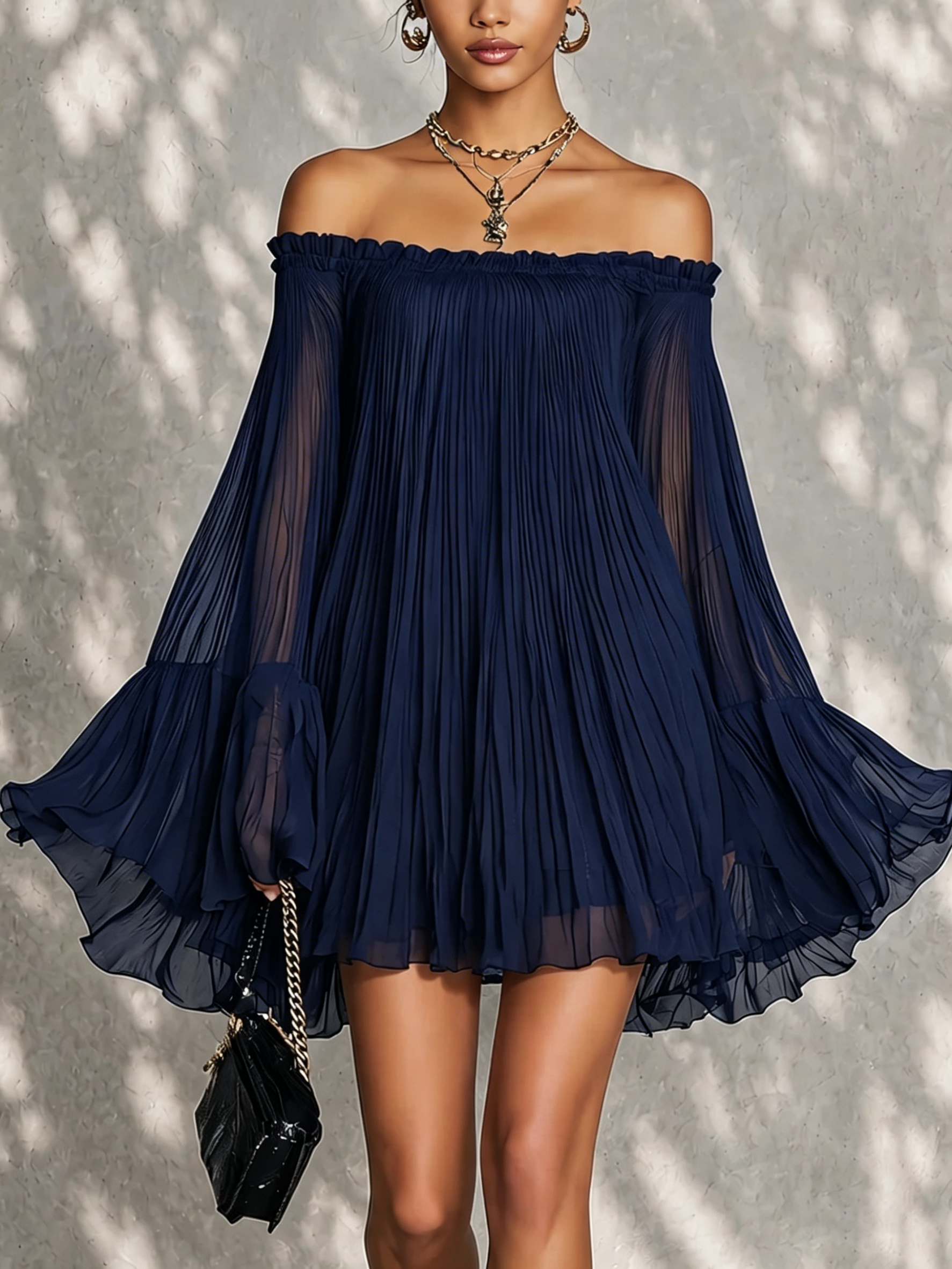 Irene | Bell Sleeve Mini Dress with Ruffles and Off-the-Shoulder Design