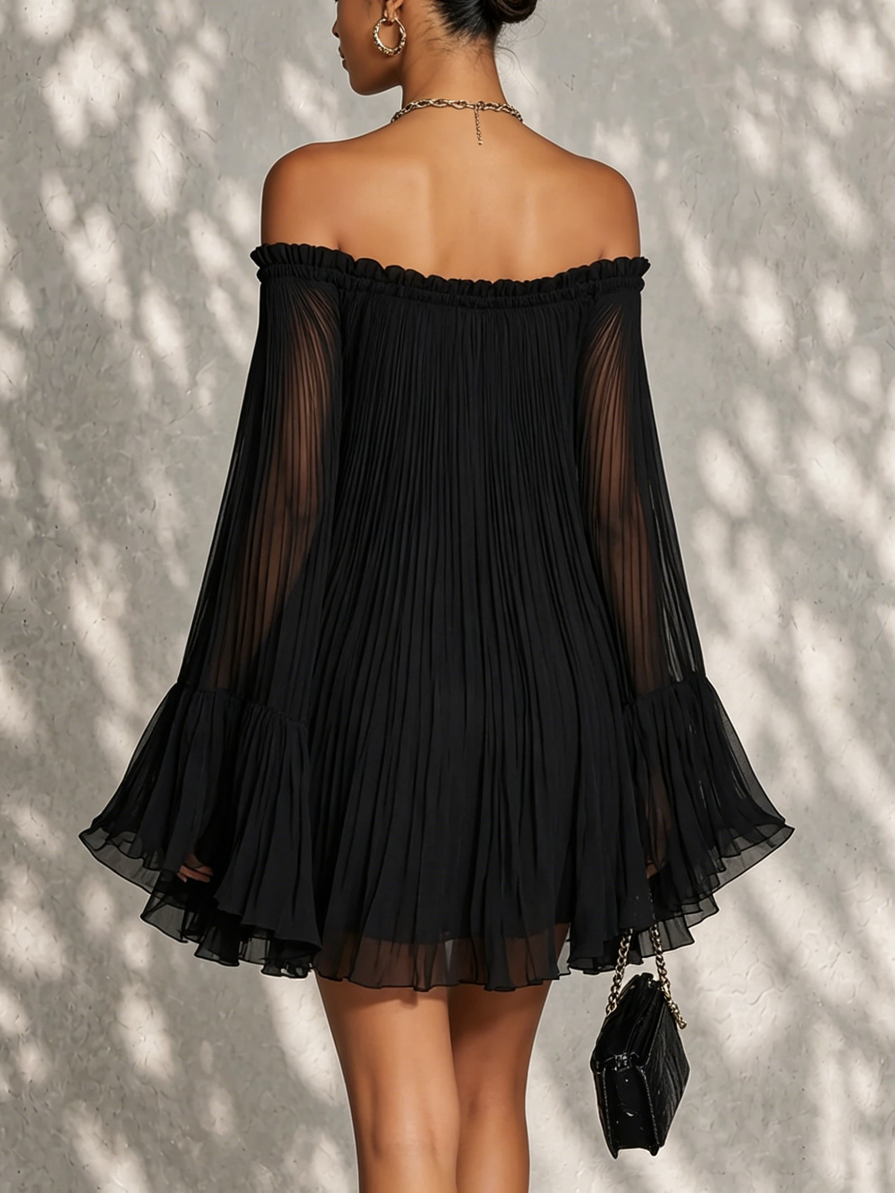 Rose | Black Mini Dress with Bell Sleeves and Ruffles