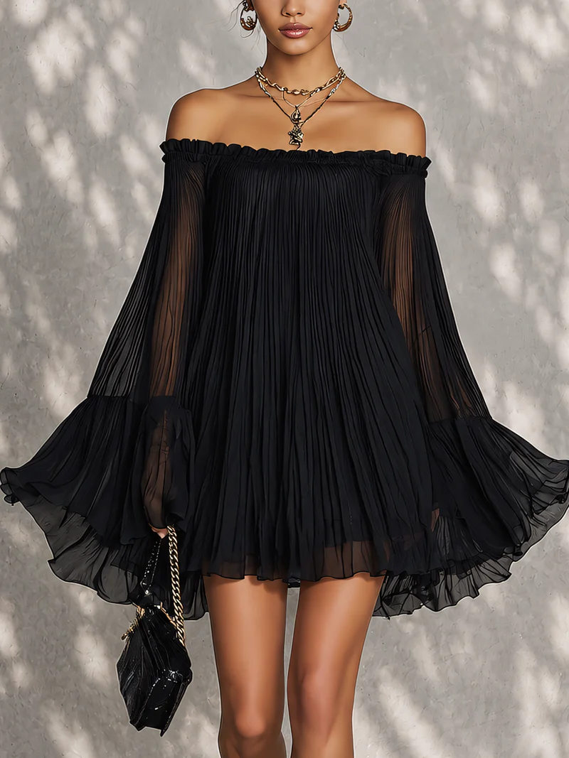 Rose | Black Mini Dress with Bell Sleeves and Ruffles