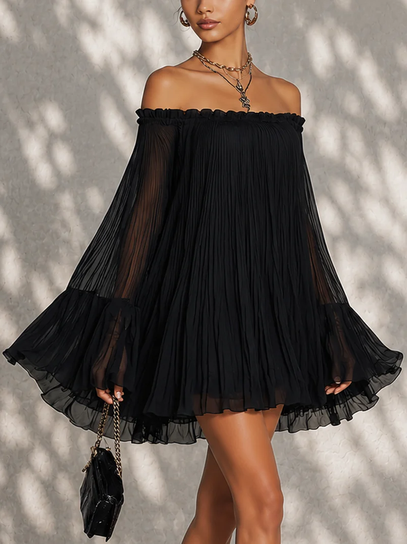 Rose | Black Mini Dress with Bell Sleeves and Ruffles