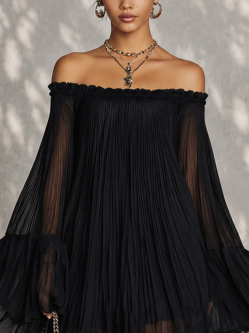 Rose | Black Mini Dress with Bell Sleeves and Ruffles