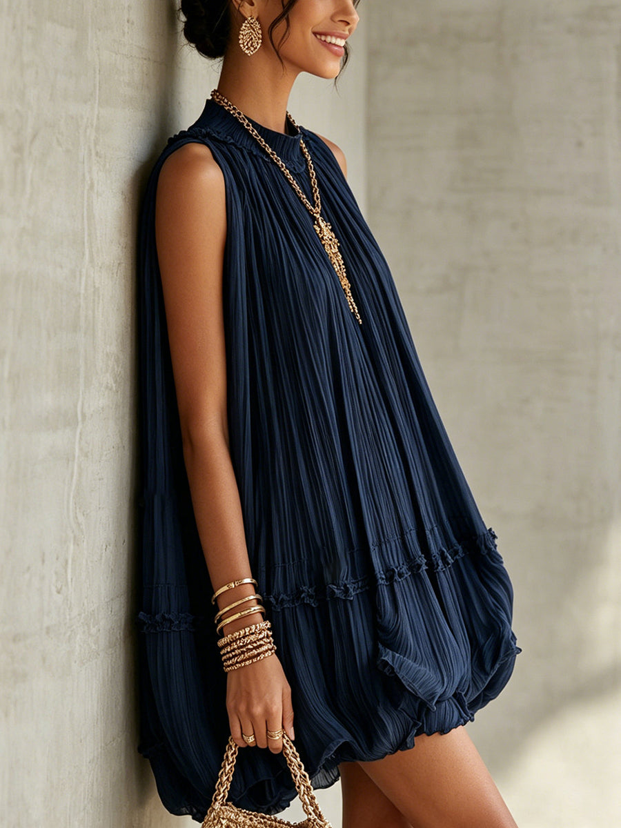 Ann | Navy Blue Chiffon Ruffled Mini Dress with Halter Neck