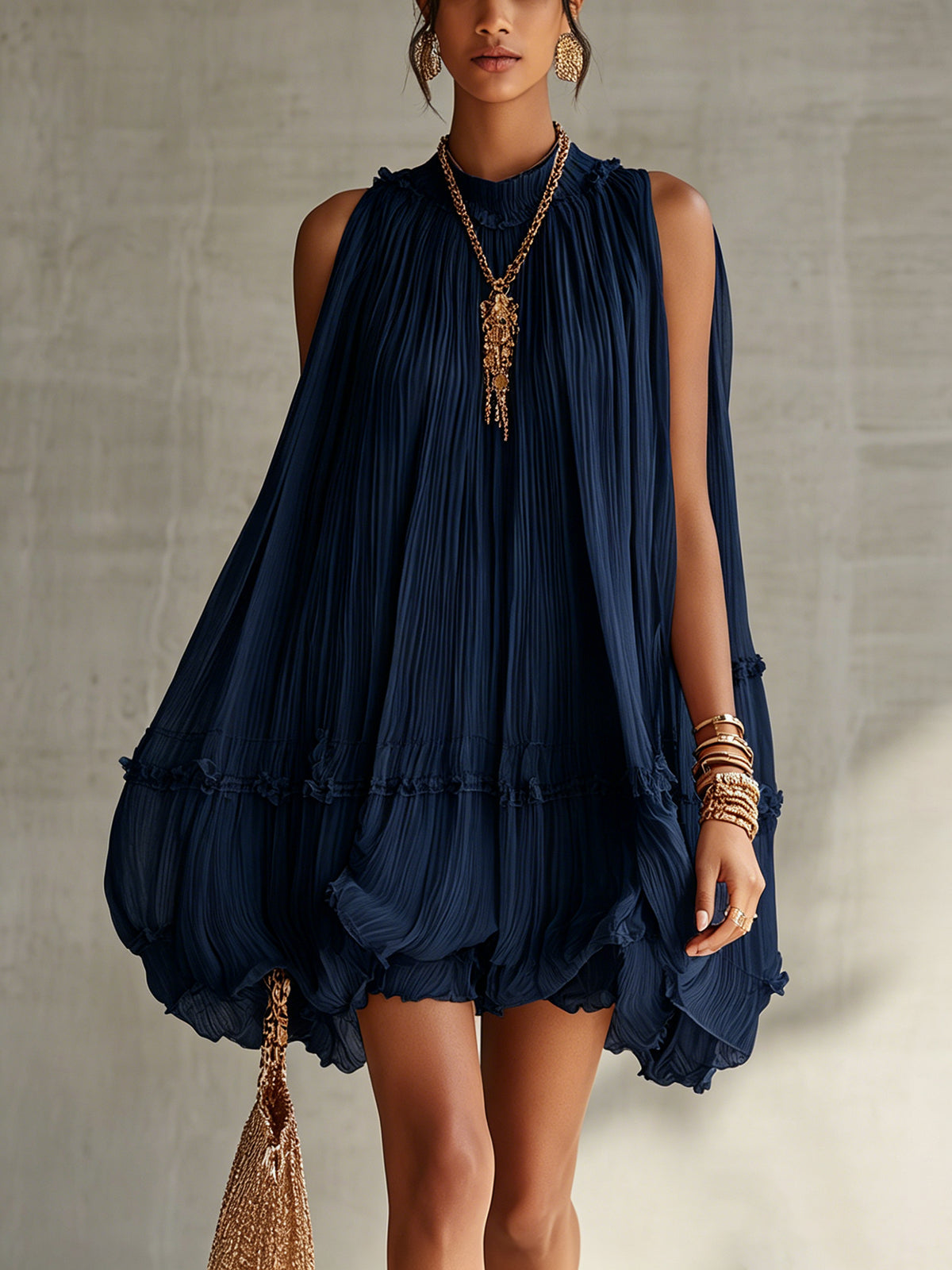 Ann | Navy Blue Chiffon Ruffled Mini Dress with Halter Neck