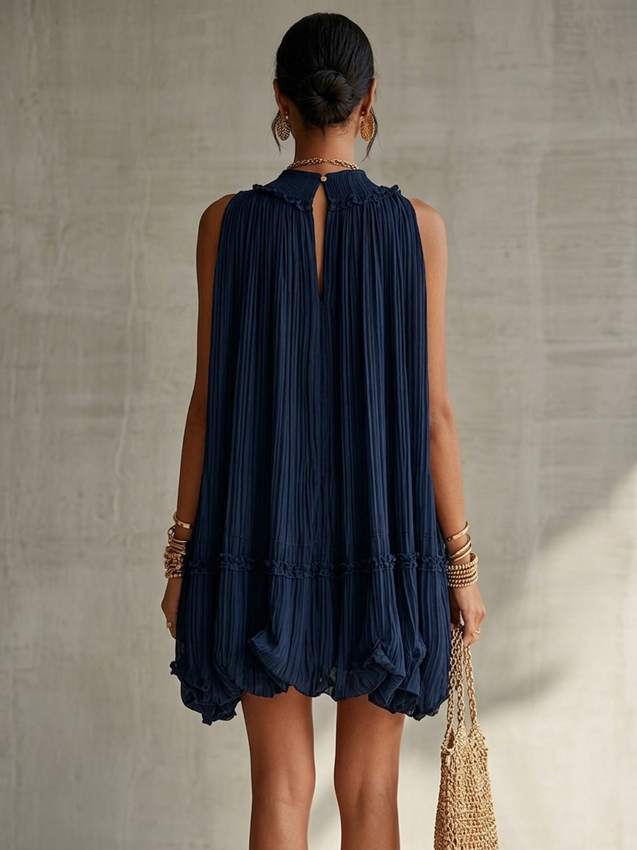 Ann | Navy Blue Chiffon Ruffled Mini Dress with Halter Neck