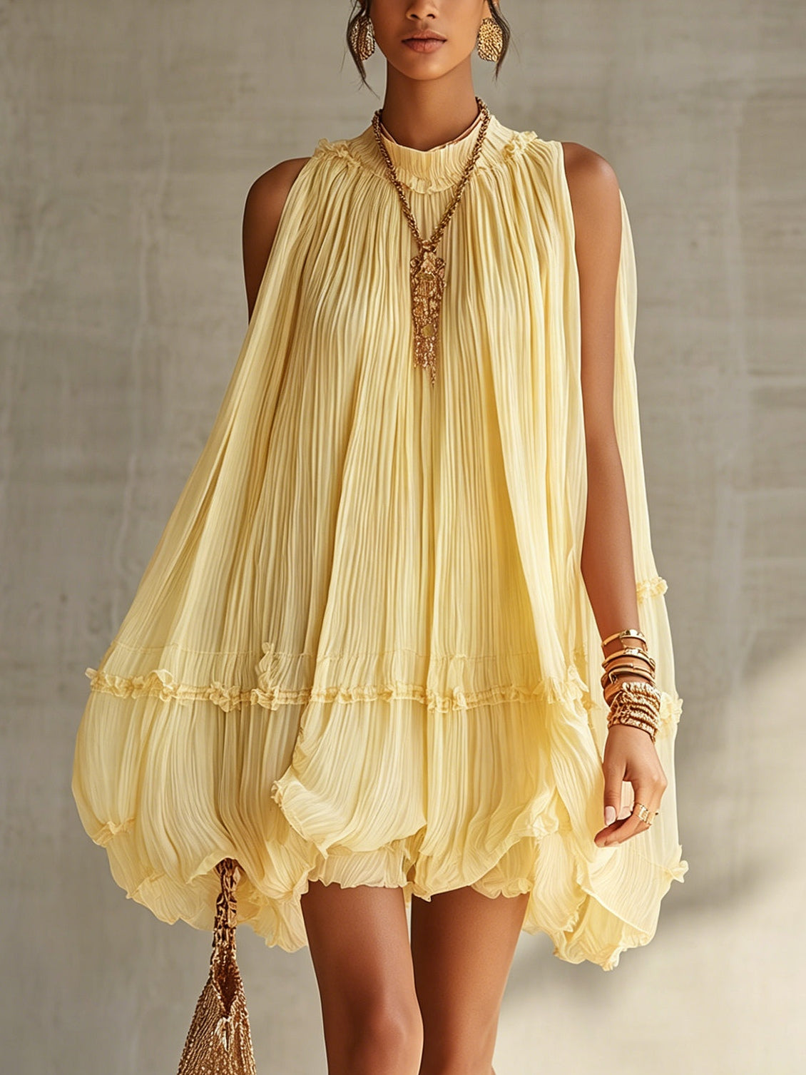 Bonnie | Yellow Chiffon Ruffled Mini Dress with Halter Neck