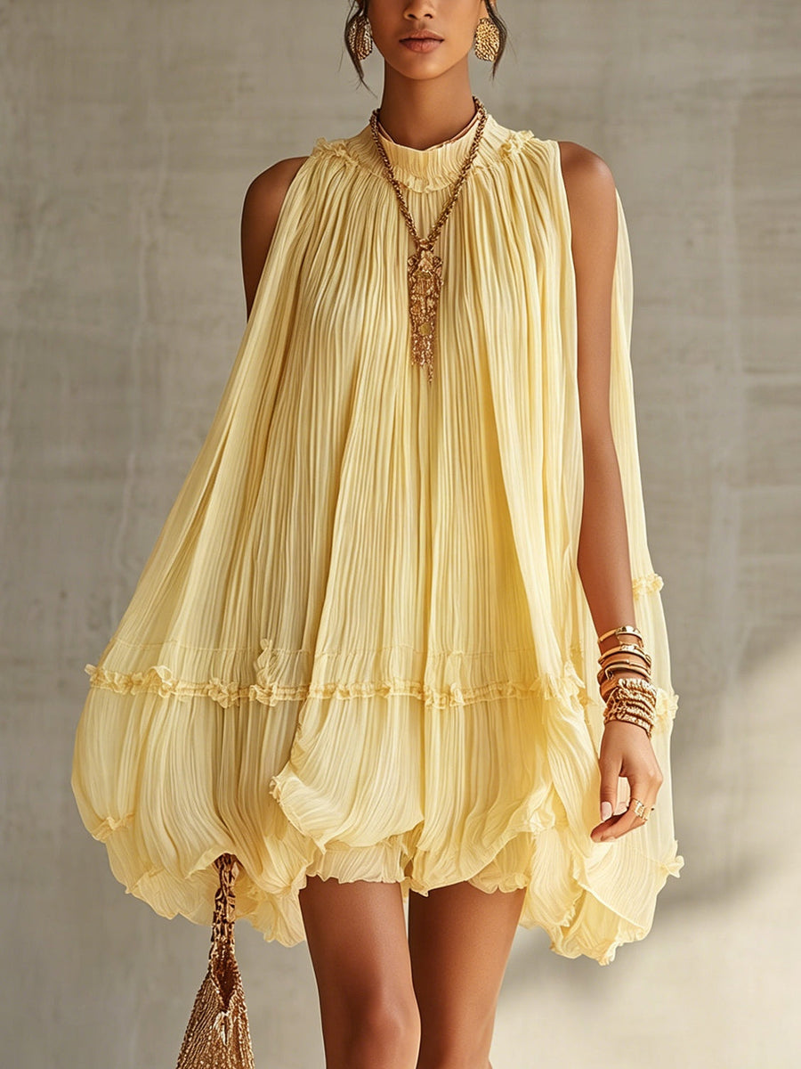 Bonnie | Yellow Chiffon Ruffled Mini Dress with Halter Neck