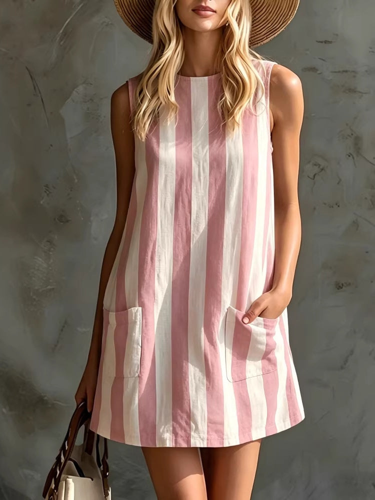 Ruth | Sleeveless Striped Mini Dress with Round Neck