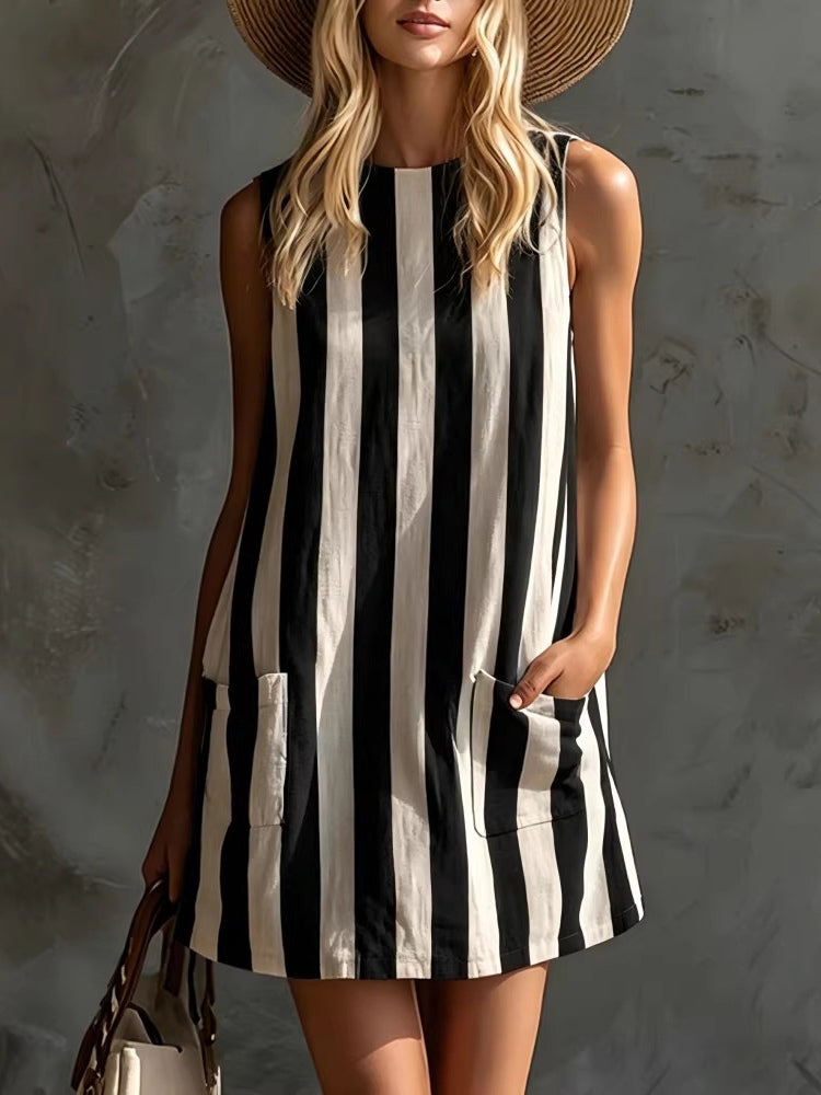 Ruth | Sleeveless Striped Mini Dress with Round Neck