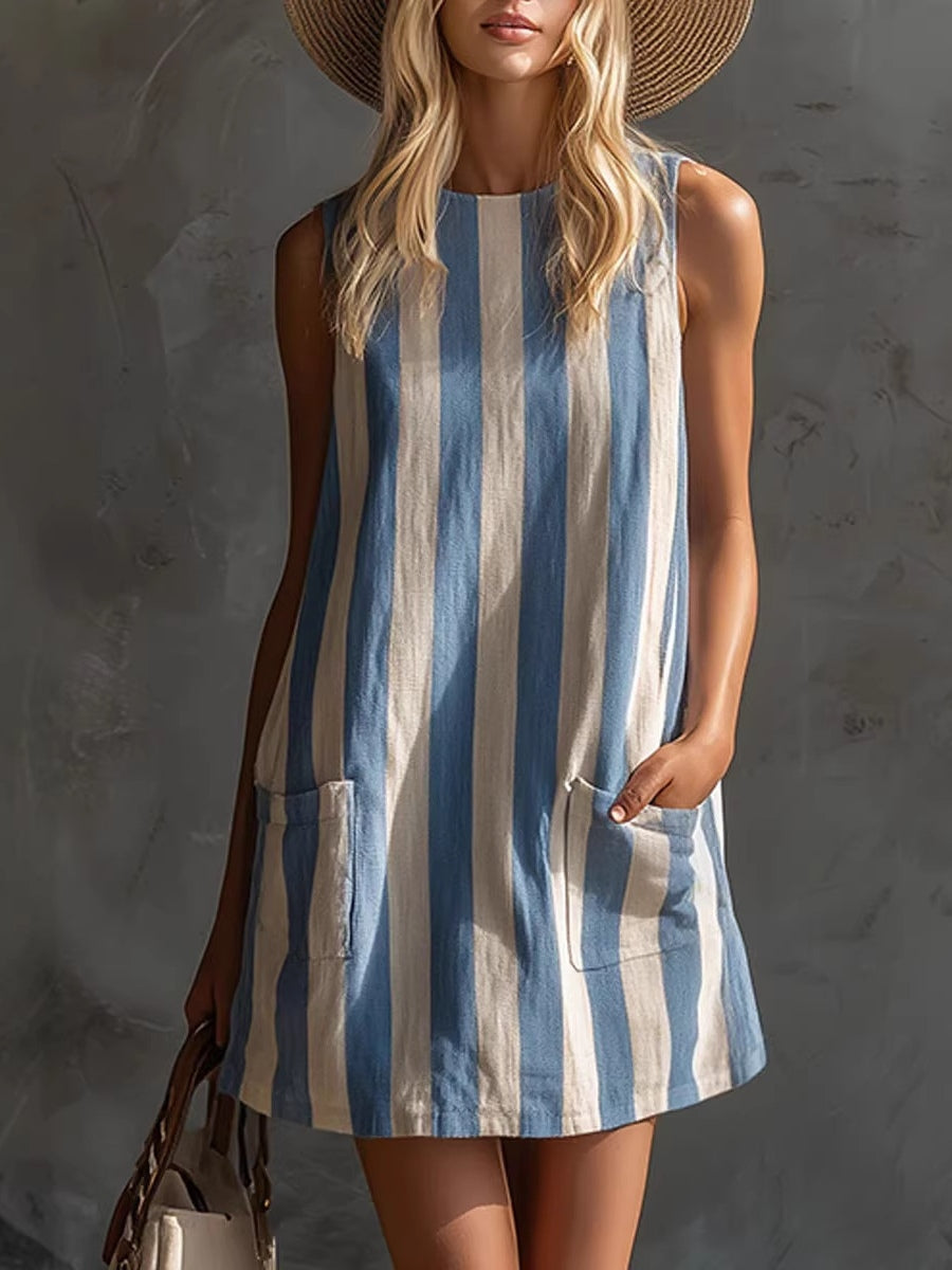 Ruth | Sleeveless Striped Mini Dress with Round Neck