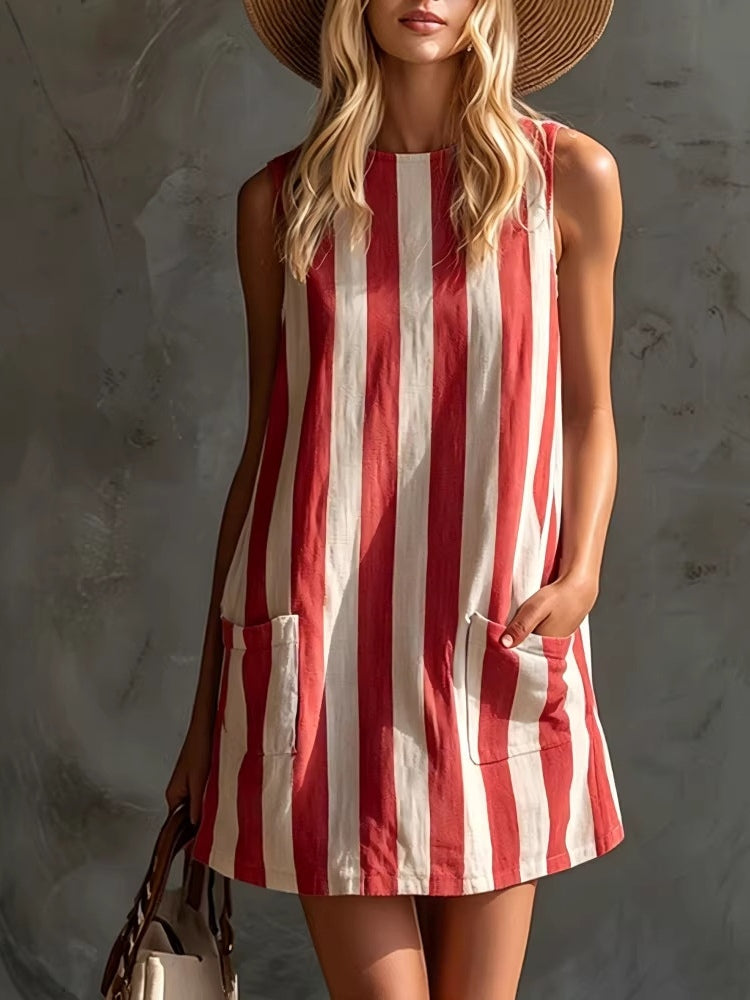 Ruth | Sleeveless Striped Mini Dress with Round Neck