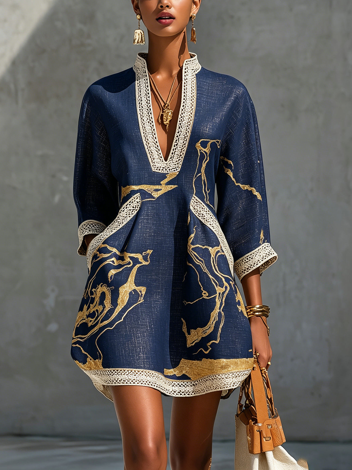 Sandra | Mini V-neck Printed Gold Marina Dress