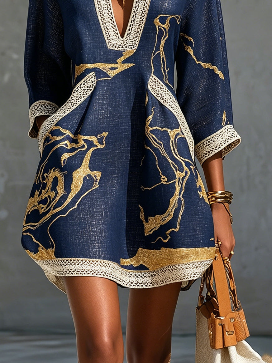 Sandra | Mini V-neck Printed Gold Marina Dress