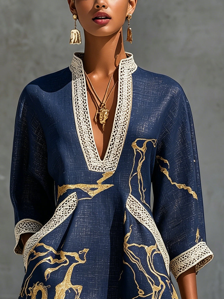 Sandra | Mini V-neck Printed Gold Marina Dress