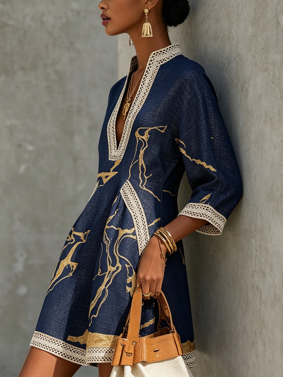 Sandra | Mini V-neck Printed Gold Marina Dress
