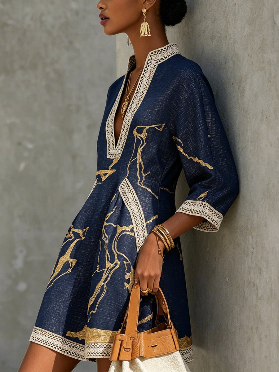 Sandra | Mini V-neck Printed Gold Marina Dress
