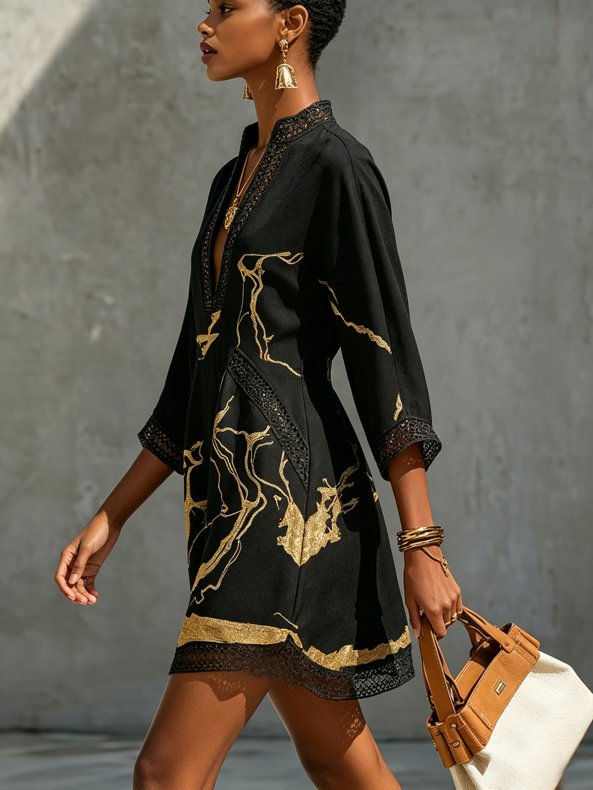 Barbara | Mini V-neck Printed Dress Black Gold