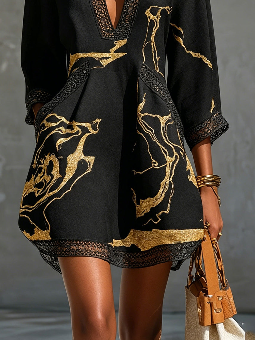 Barbara | Mini V-neck Printed Dress Black Gold