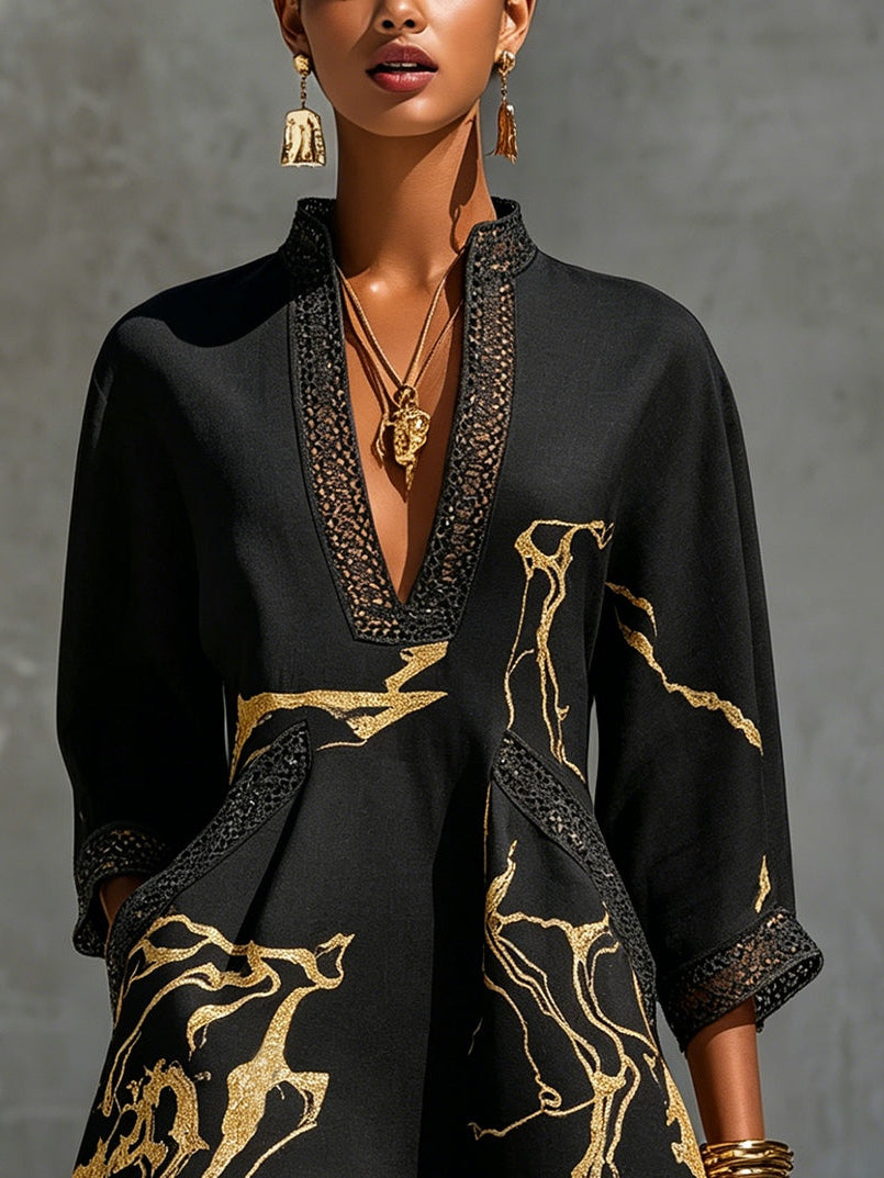 Barbara | Mini V-neck Printed Dress Black Gold