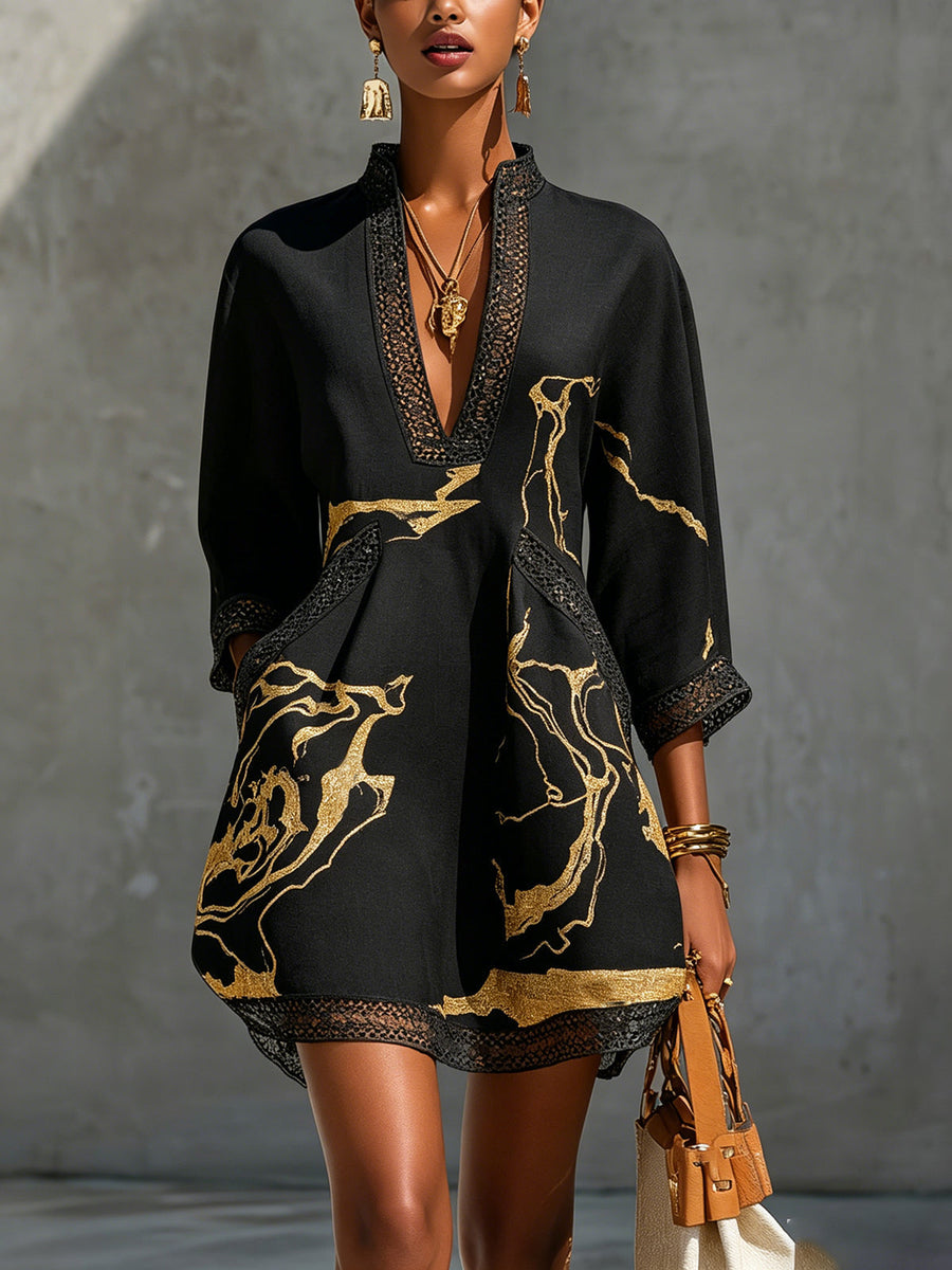 Barbara | Mini V-neck Printed Dress Black Gold