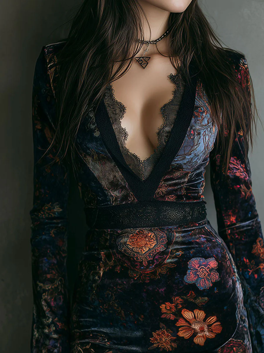 Norma | Mini Slim-fit Velvet Dress with Lace and Floral Print