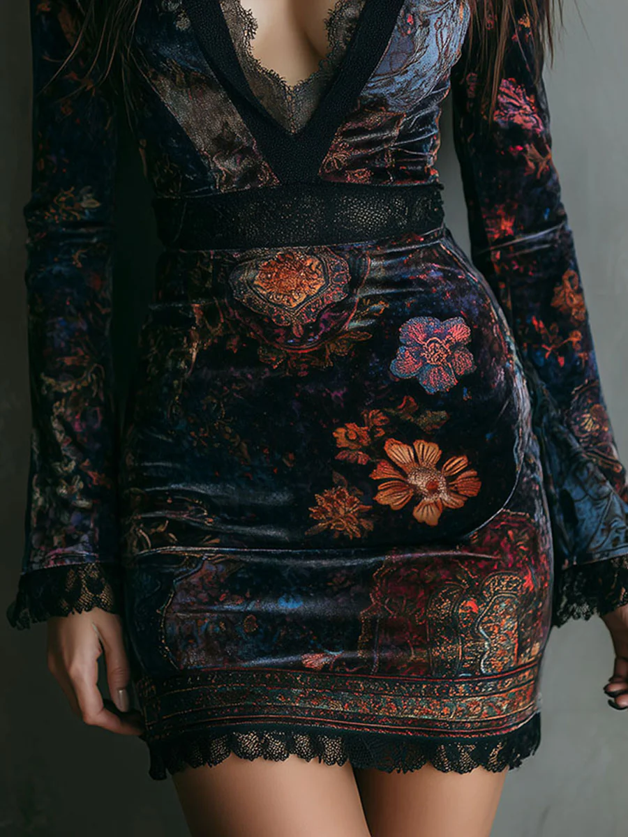 Norma | Mini Slim-fit Velvet Dress with Lace and Floral Print