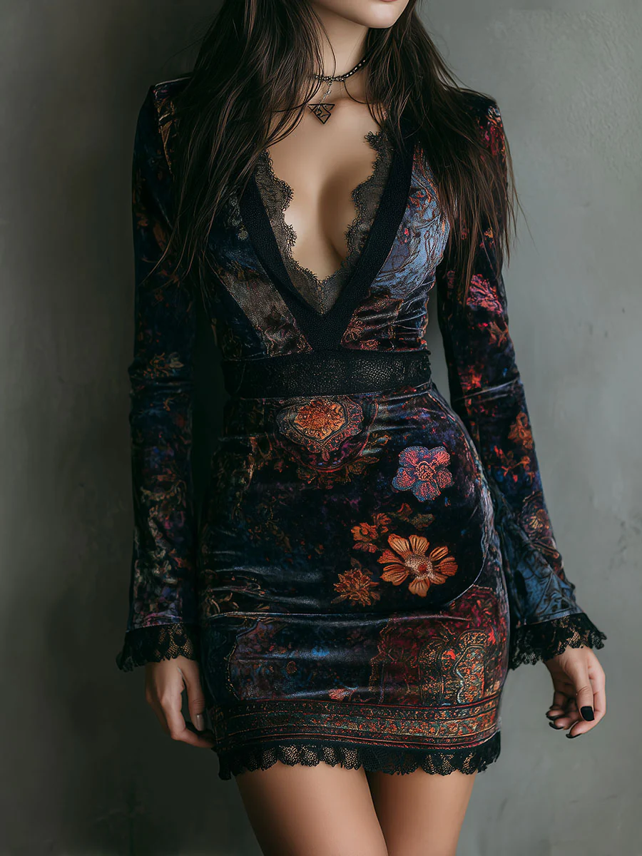 Norma | Mini Slim-fit Velvet Dress with Lace and Floral Print