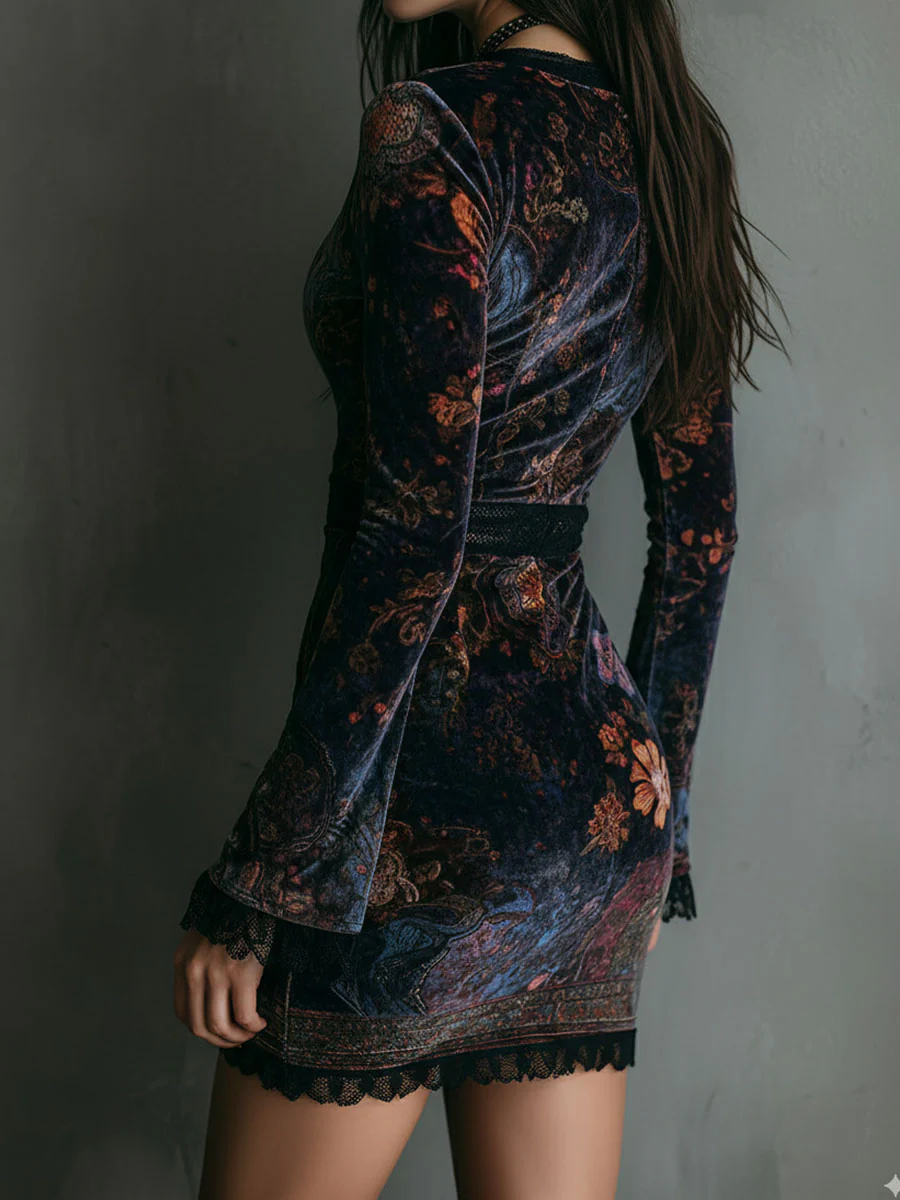 Norma | Mini Slim-fit Velvet Dress with Lace and Floral Print