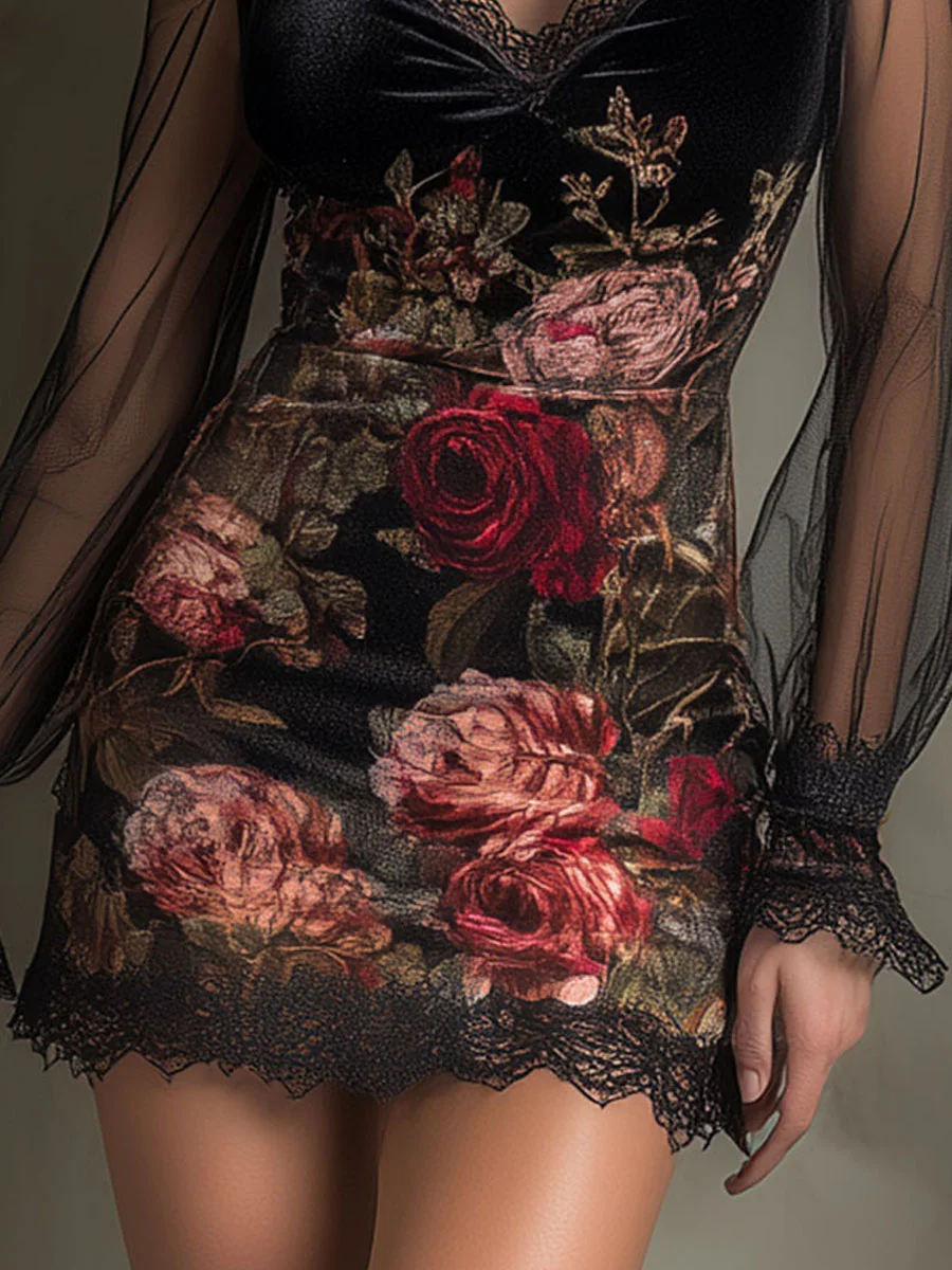 Joan | Mini Tulle Dress with Rose Print and Lace