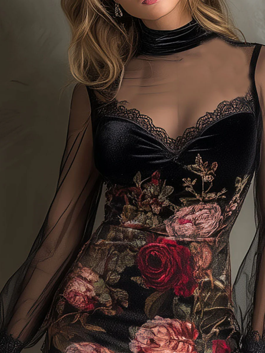 Joan | Mini Tulle Dress with Rose Print and Lace