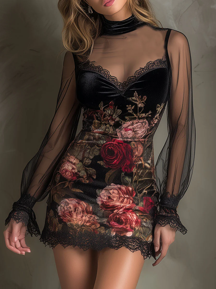Joan | Mini Tulle Dress with Rose Print and Lace