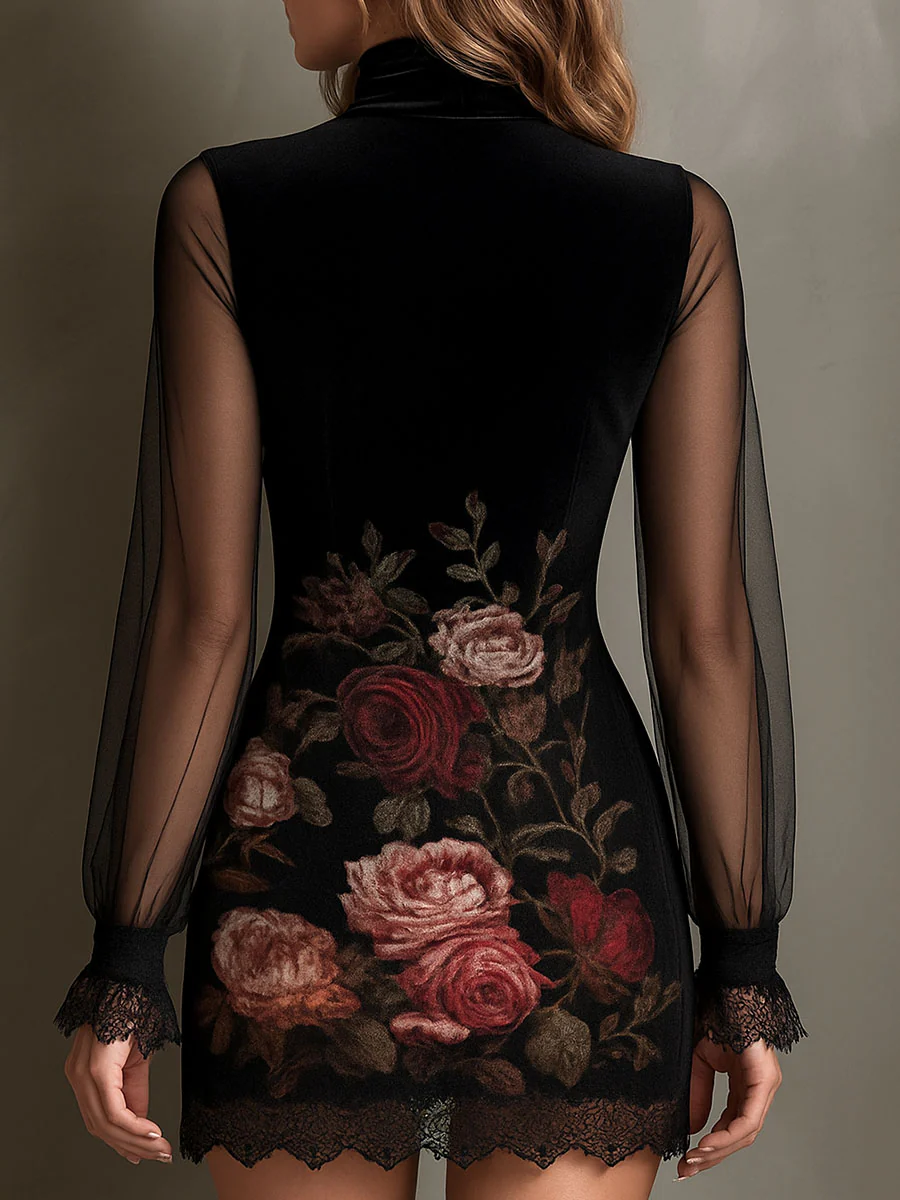Joan | Mini Tulle Dress with Rose Print and Lace