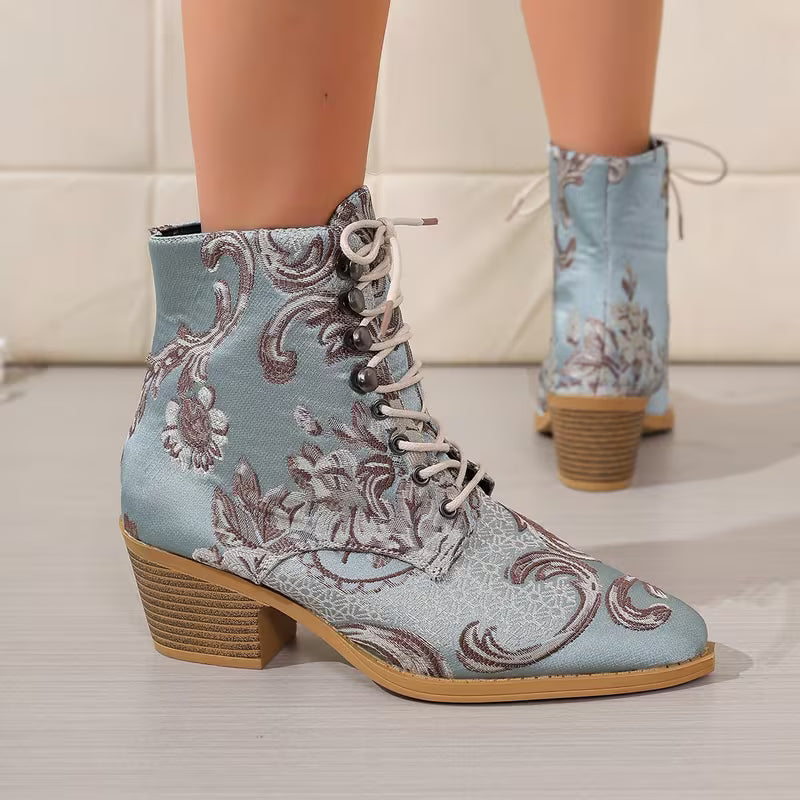 Aurelia – Floral Lace-Up Western Ankle Boots