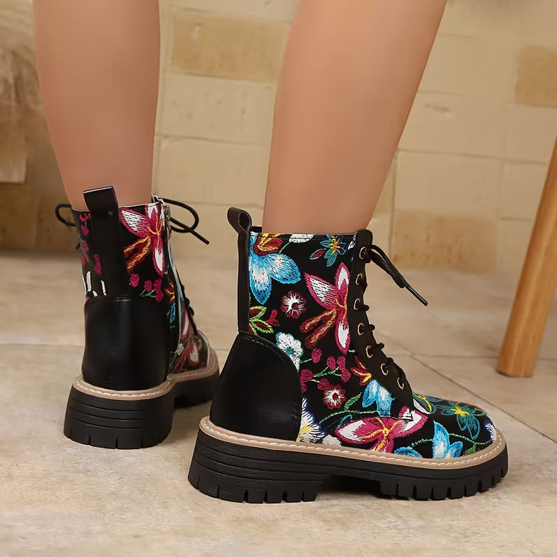 Liora – Floral Lace-Up Ankle Boots