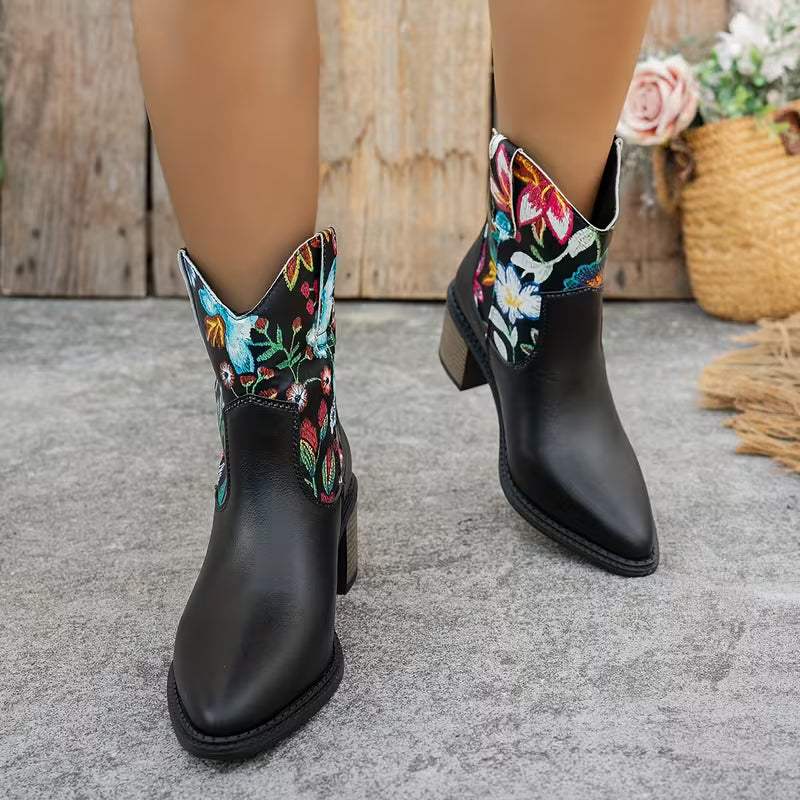 Lucendra – Floral Detail Western Ankle Boots
