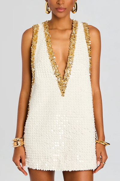 CELINE | SEQUIN COLORBLOCK V-NECK MINI DRESS