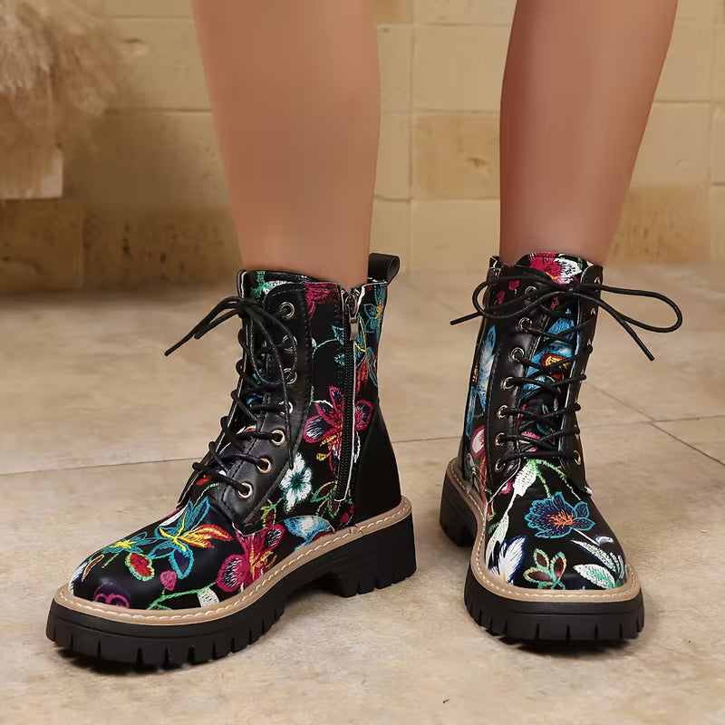 Liora – Floral Lace-Up Ankle Boots