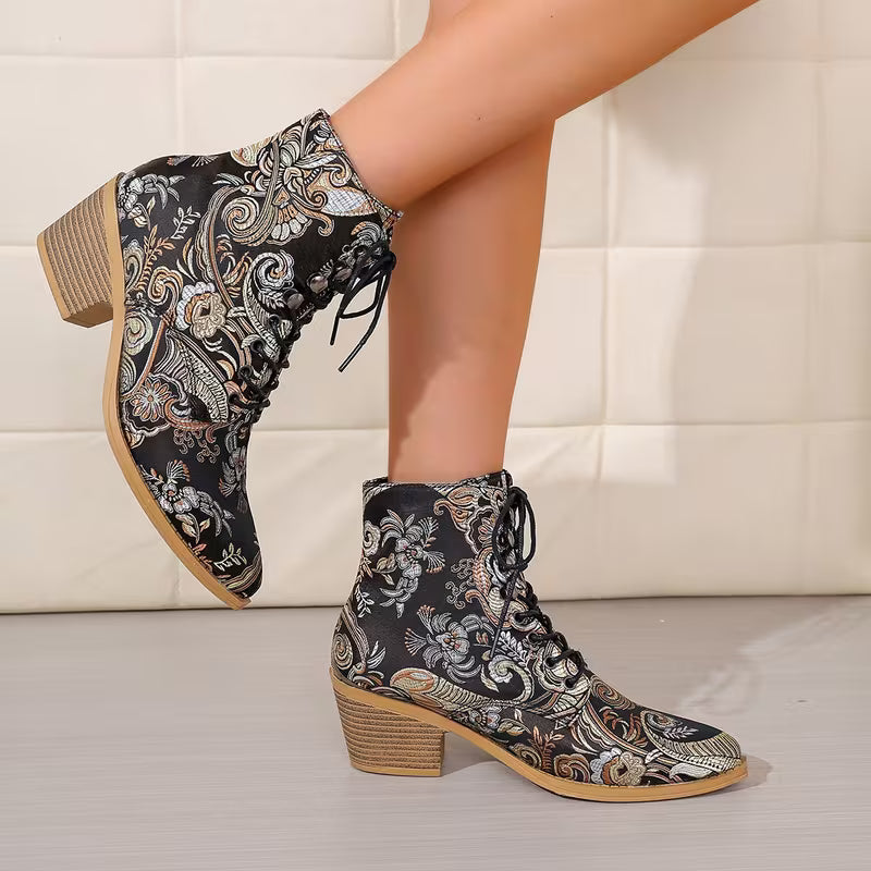 Aurelia – Floral Lace-Up Western Ankle Boots