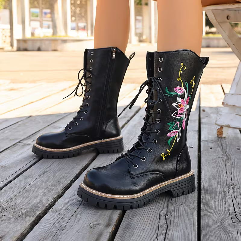 Selvara – Floral Detail Lace-Up Boots