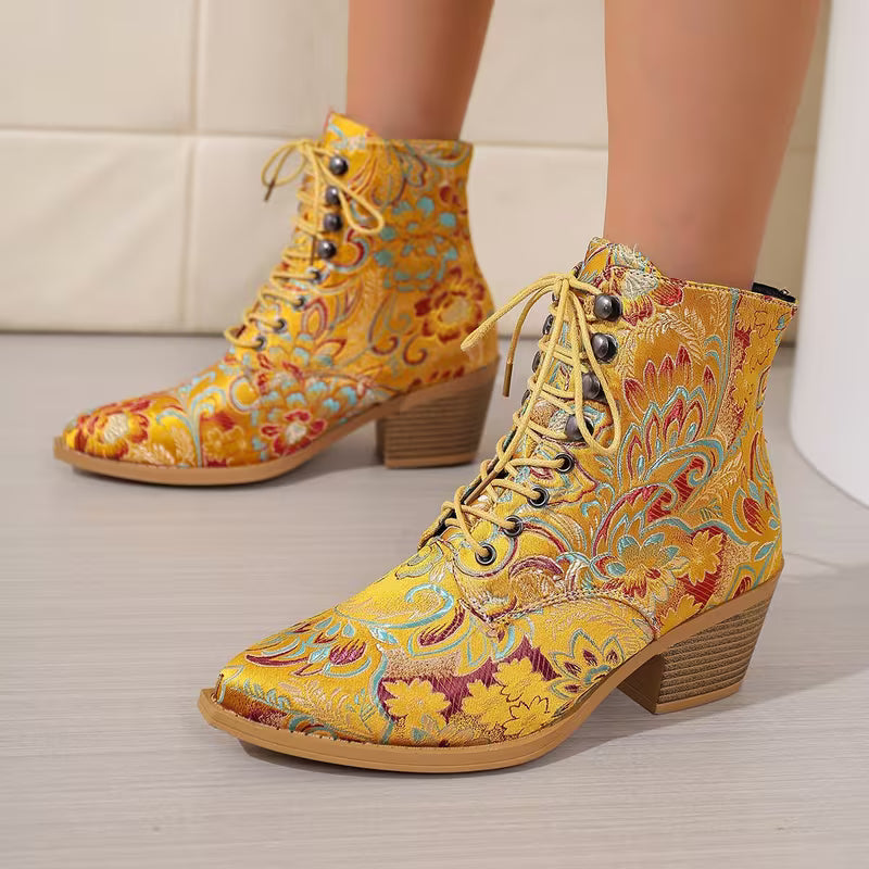 Aurelia – Floral Lace-Up Western Ankle Boots