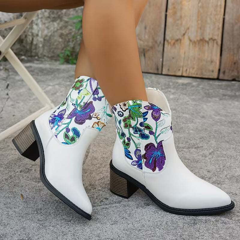 Lucendra – Floral Detail Western Ankle Boots