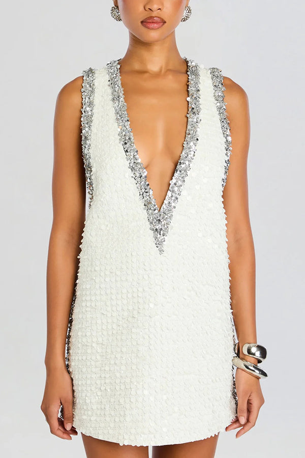 CELINE | SEQUIN COLORBLOCK V-NECK MINI DRESS